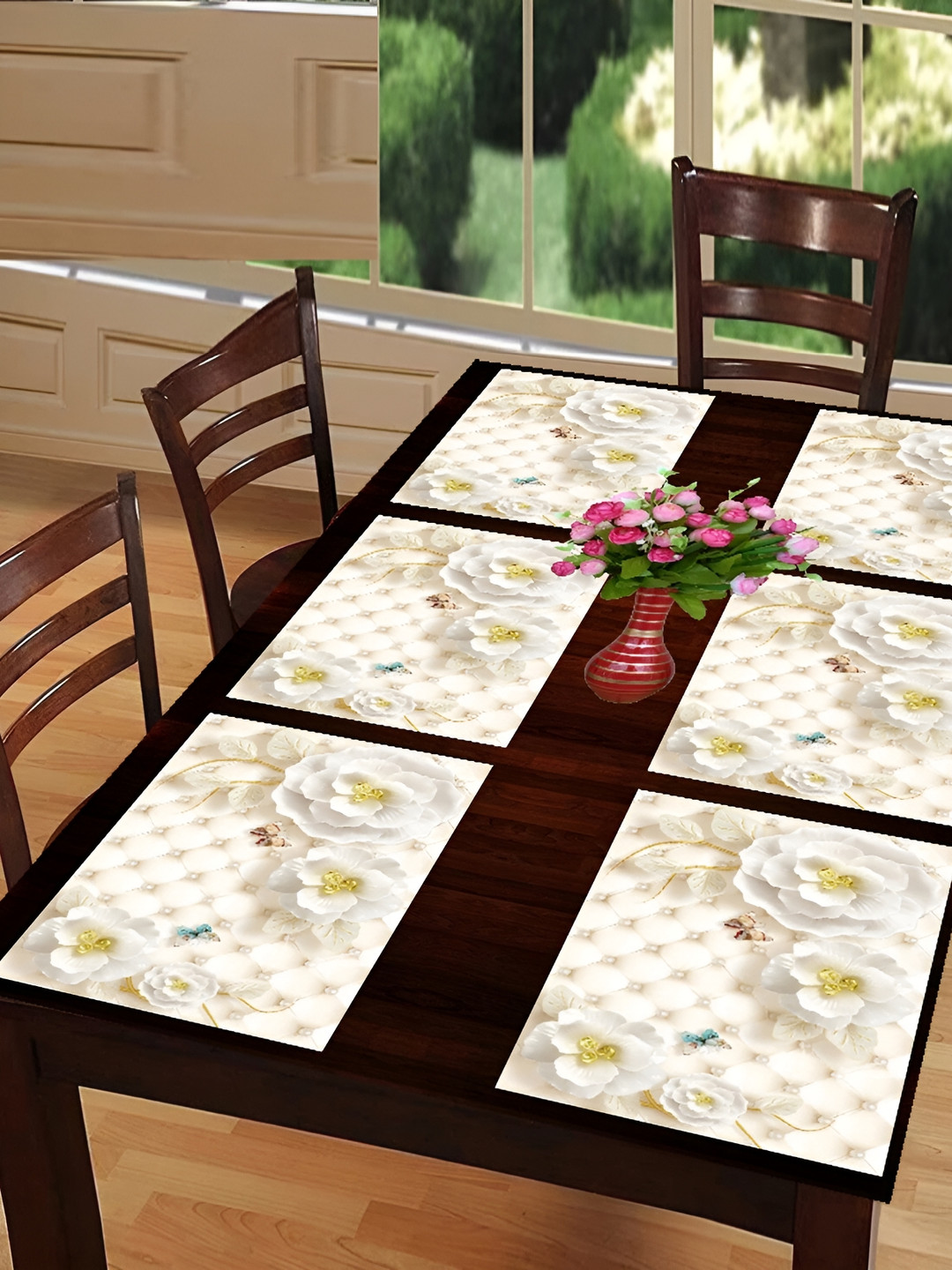 REVEXO Peach 6 Pieces Floral Printed Table Placemats