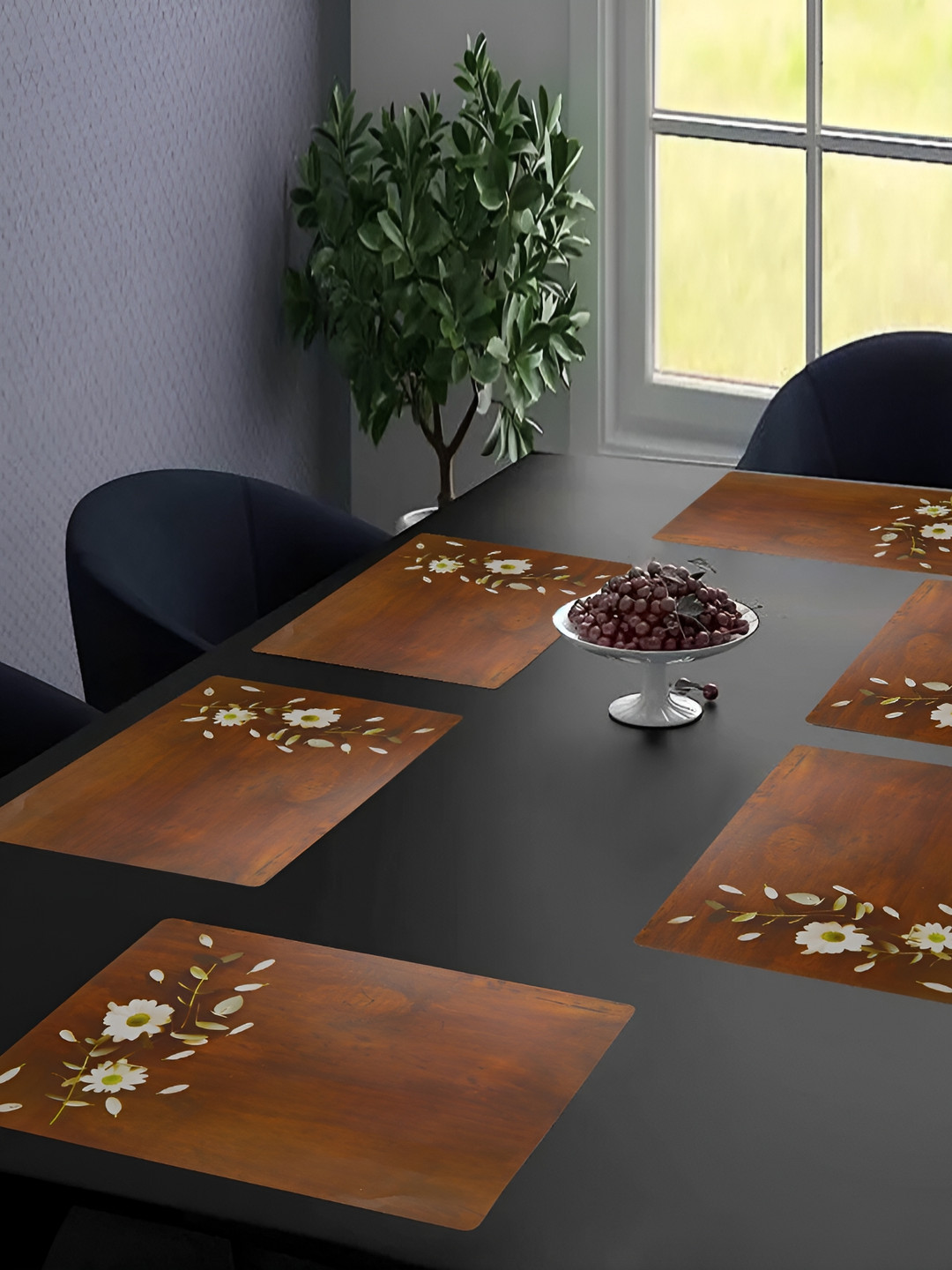 REVEXO 6-Pcs Brown & Beige Printed Anti-Bacterial Rectangular Table Placemats
