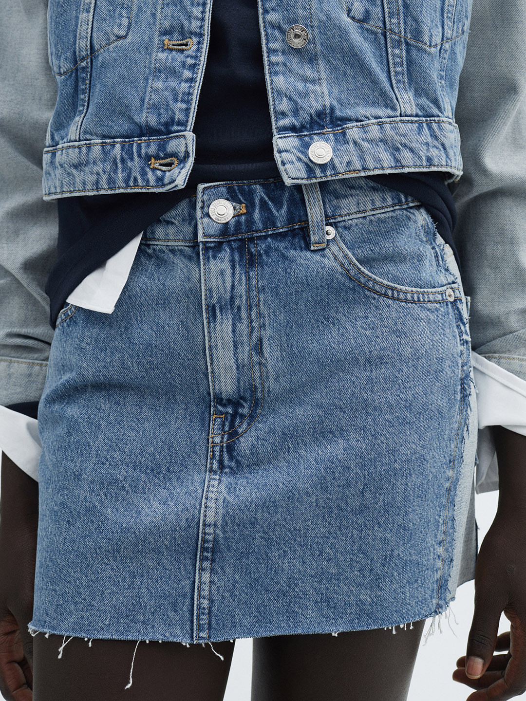 MANGO Pure Cotton Frayed Hem Mini Denim Skirt