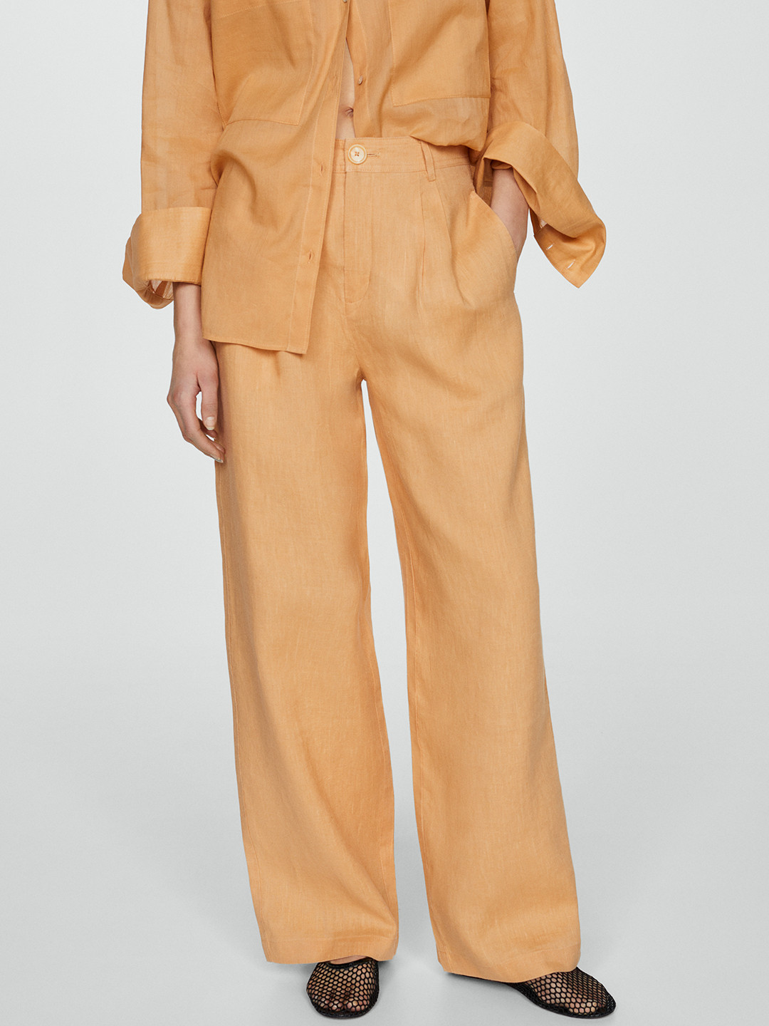 MANGO Women Pure Linen High-Rise Wide Leg Trousers