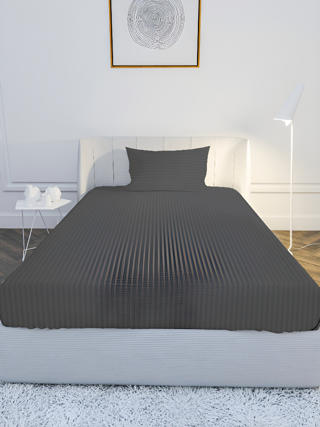 MAYFAIR HOMES LONDON Charcoal Striped Cotton 210 TC Single Fine Bedsheet with a Pillow Cover-88 x 60 inches