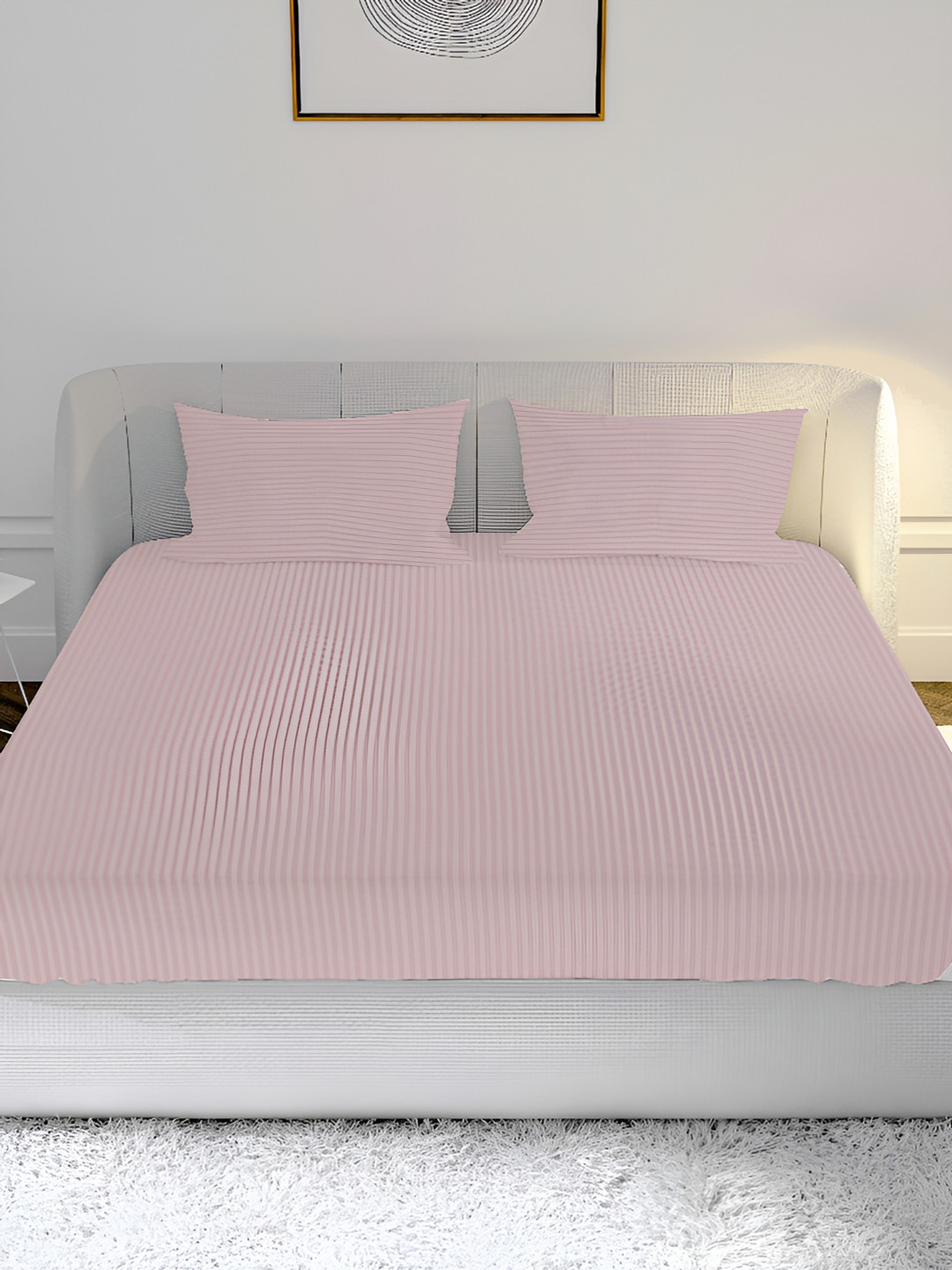 MAYFAIR HOMES LONDON Pink Striped Cotton 210 TC Fitted Crib Fine Bedsheet with 2 Pillow Covers-183 x 198 cm