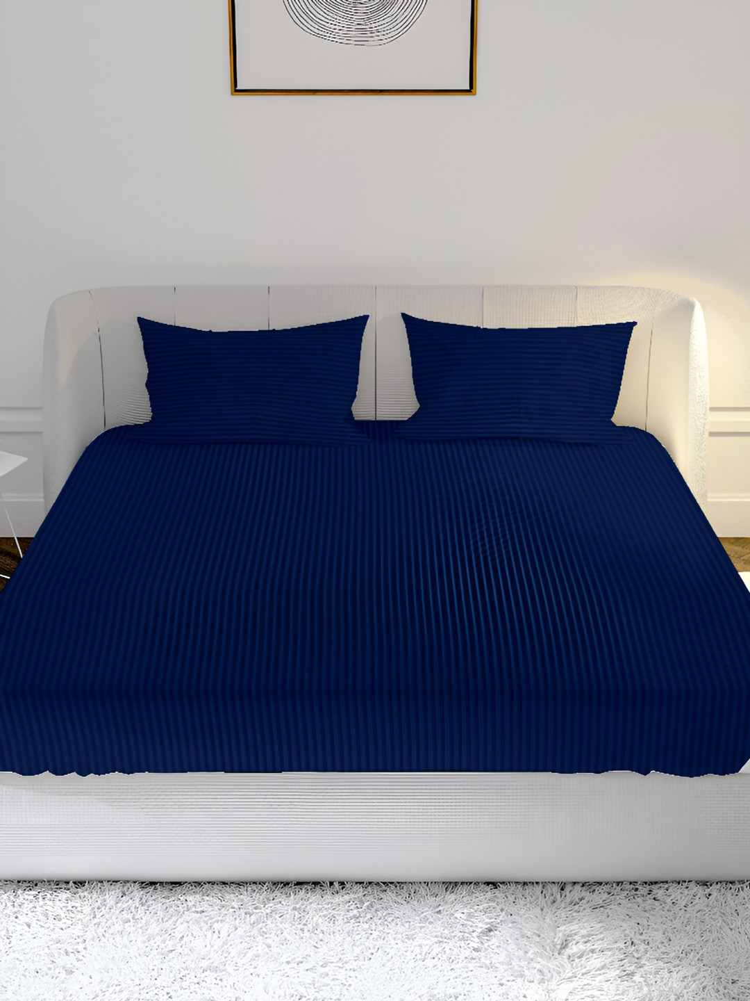 MAYFAIR HOMES LONDON Navy Blue Cotton 210 TC Fitted King Fine Bedsheet with 2 Pillow Covers-108 x 108 inches