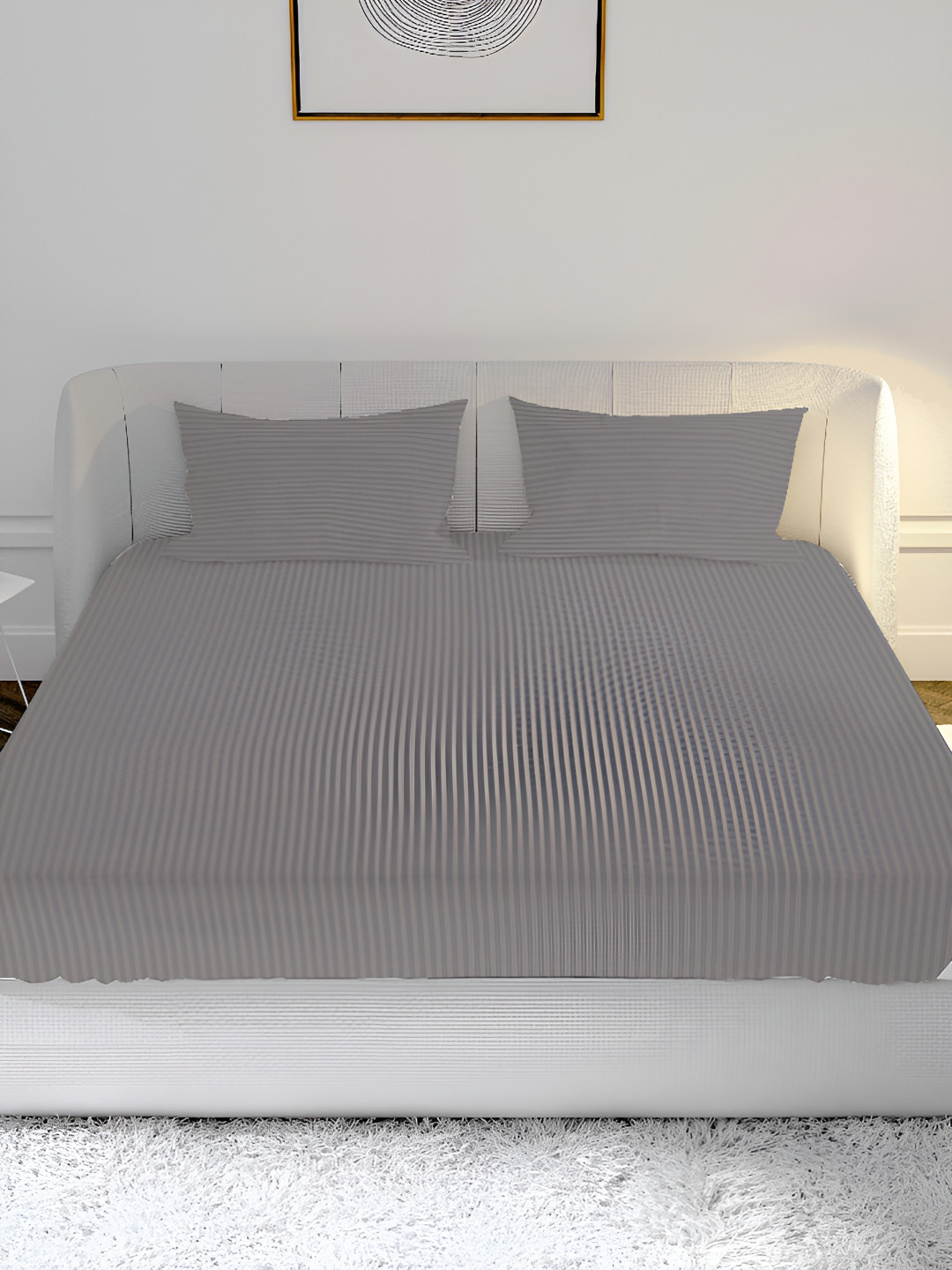 MAYFAIR HOMES LONDON Grey Striped Cotton 210 TC Fitted Crib Fine Bedsheet with 2 Pillow Covers-183 x 198 cm