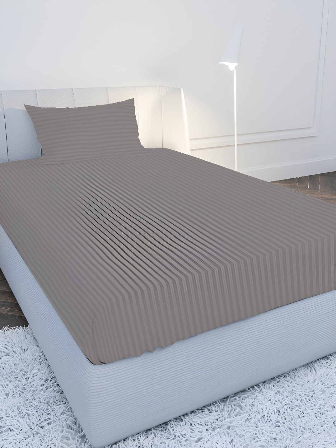 MAYFAIR HOMES LONDON Grey Striped Cotton 210 TC Single Fine Bedsheet with a Pillow Cover-88 x 60 inches