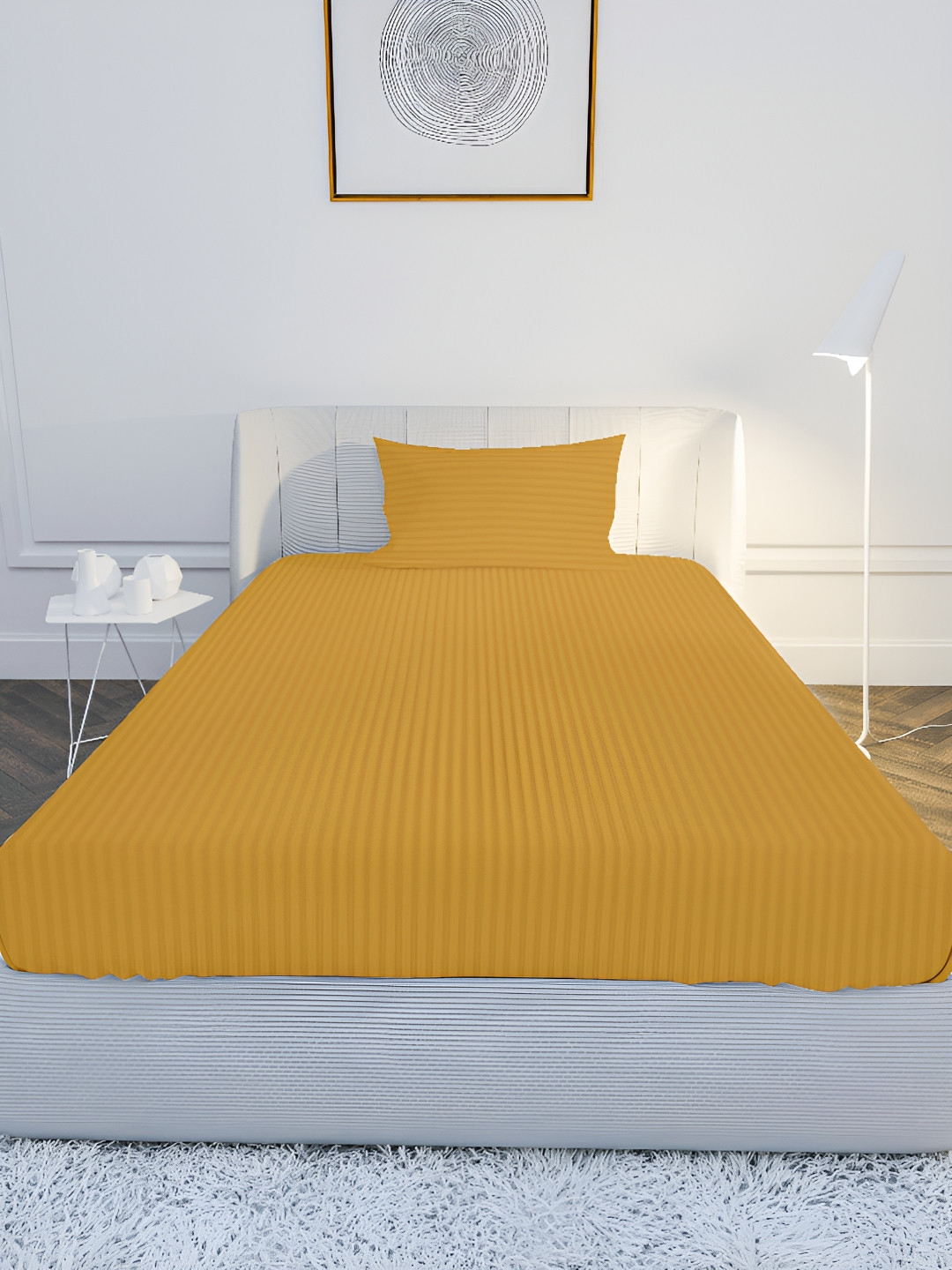 MAYFAIR HOMES LONDON Yellow Striped Pure Cotton 210 TC Single Fine Bedsheet with a Pillow Cover-224 x 152 cm