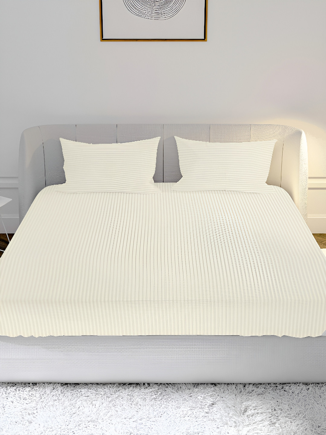 MAYFAIR HOMES LONDON Cream Striped Cotton 210 TC Fitted Double Fine Bedsheet with 2 Pillow Covers-72 x 78 inches