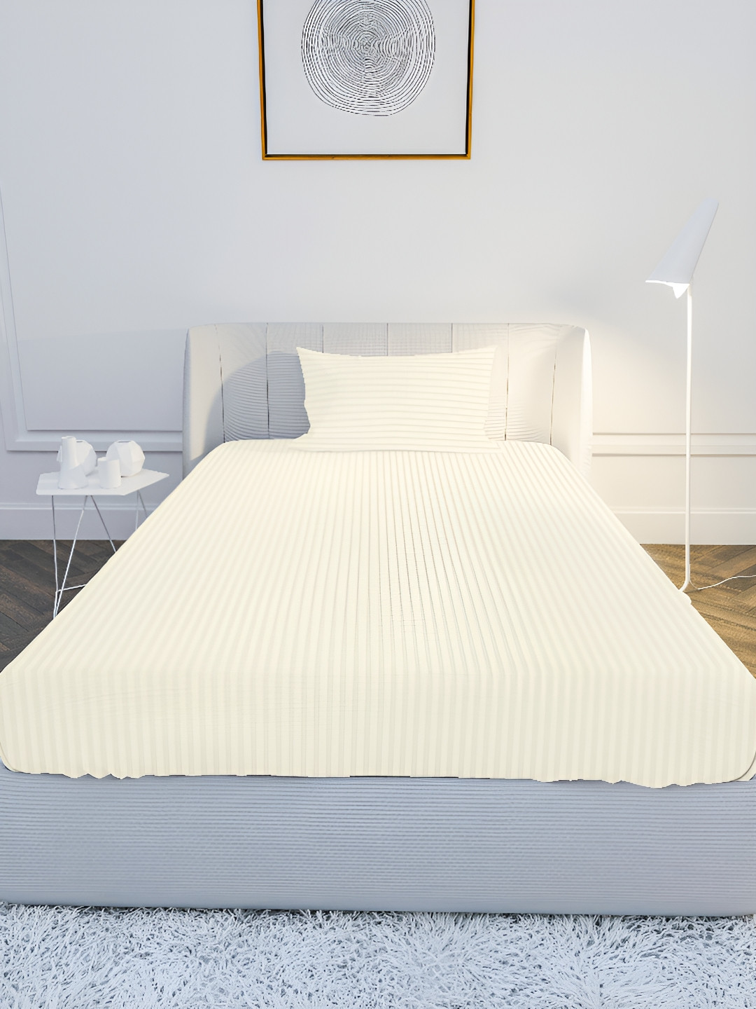 MAYFAIR HOMES LONDON Cream Striped Cotton 210 TC Single Fine Bedsheet with a Pillow Cover-224 x 152 cm