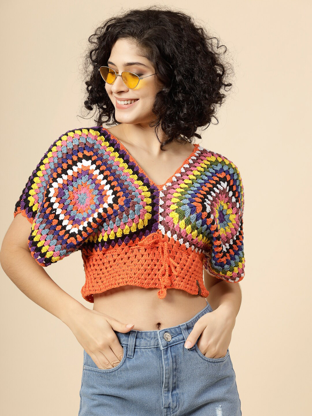 Velvery Geometric Printed Extended Sleeves Cotton Crochet Crop Top