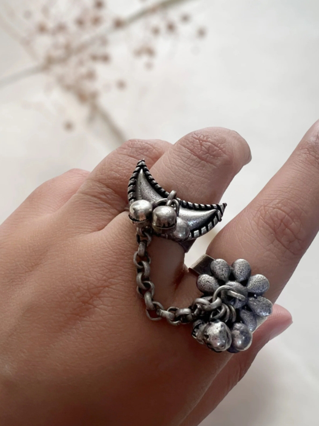 Sanjog German Silver-Plated Ghungaroo Adjustable Antique Multi-Finger Ring