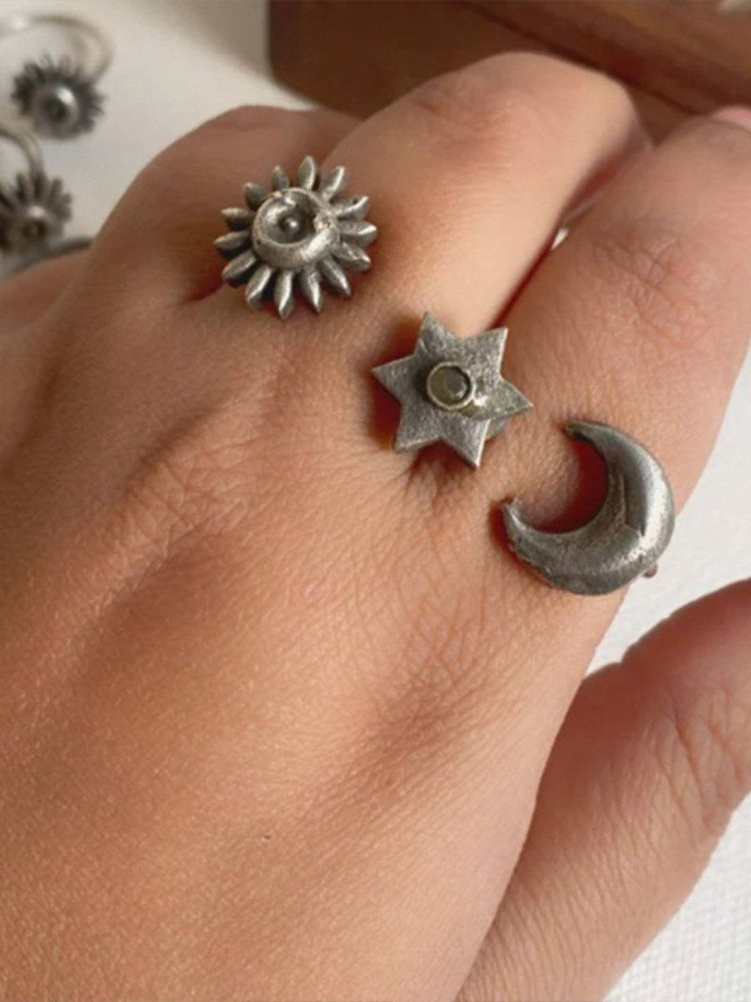 Sanjog Silver-Plated American Diamond-Studded Oxidised Two Finger Trible Ring