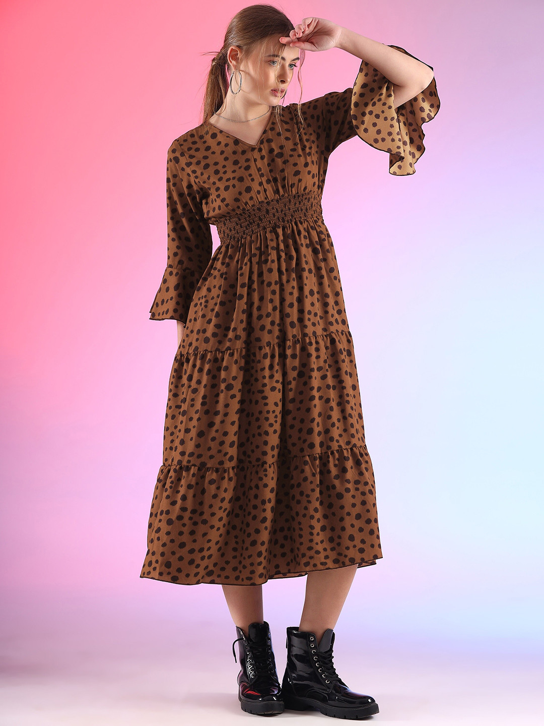 SHEETAL Associates Animal Printed Bell Sleeves Fit & Flare Midi Dress