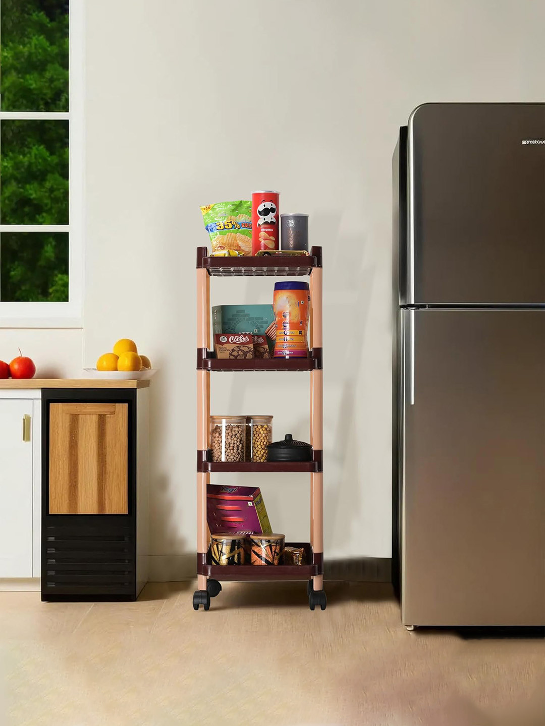 Kuber Industries Brown Multipurpose 4-Shelf Storage Trolley Rack With Wheels