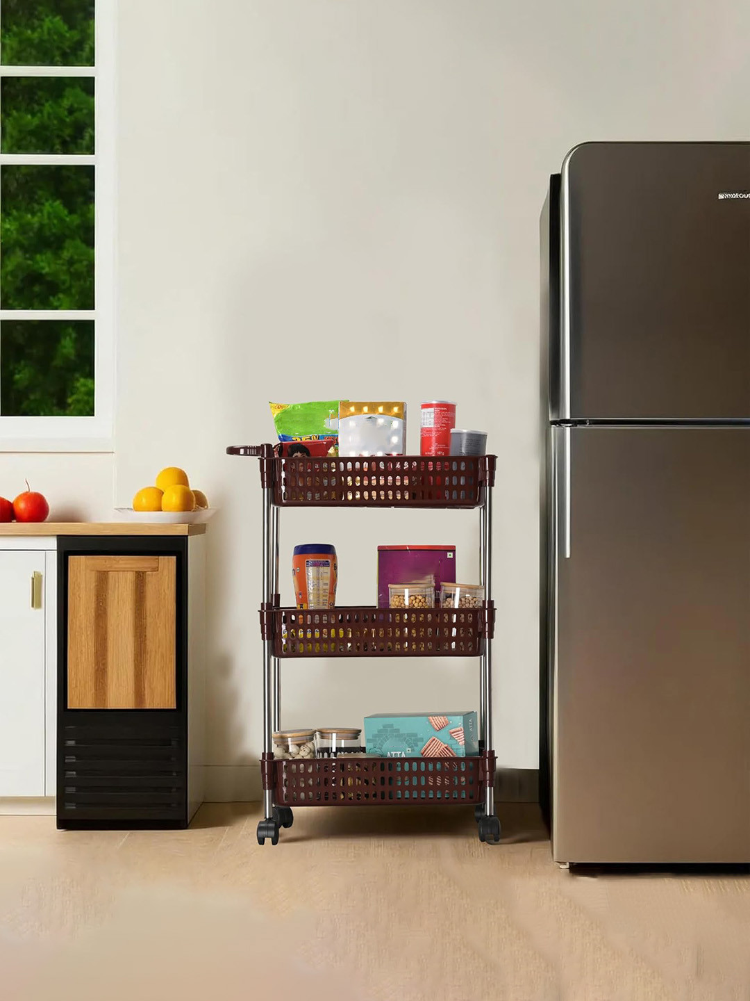 Kuber Industries Brown Multipurpose 3-Shelf Storage Revolving Kitchen Trolley With Wheels