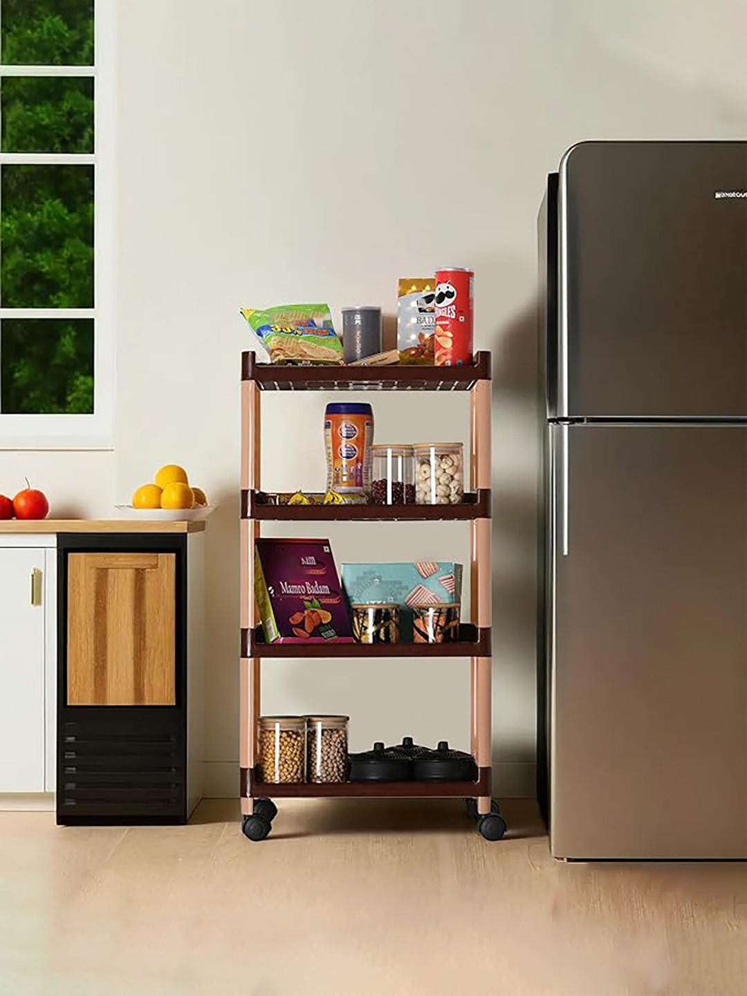 Kuber Industries Brown Multipurpose 3-Shelf Storage Trolley Rack With Wheels