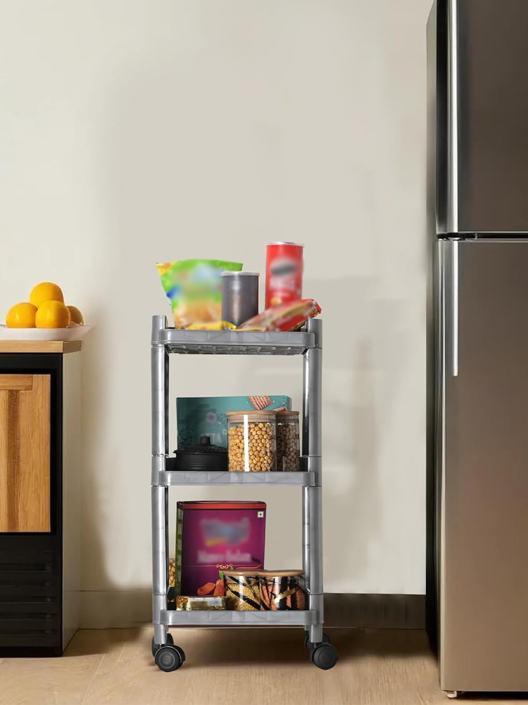 Kuber Industries Grey Multipurpose 3-Shelf Storage Trolley Rack with Wheels