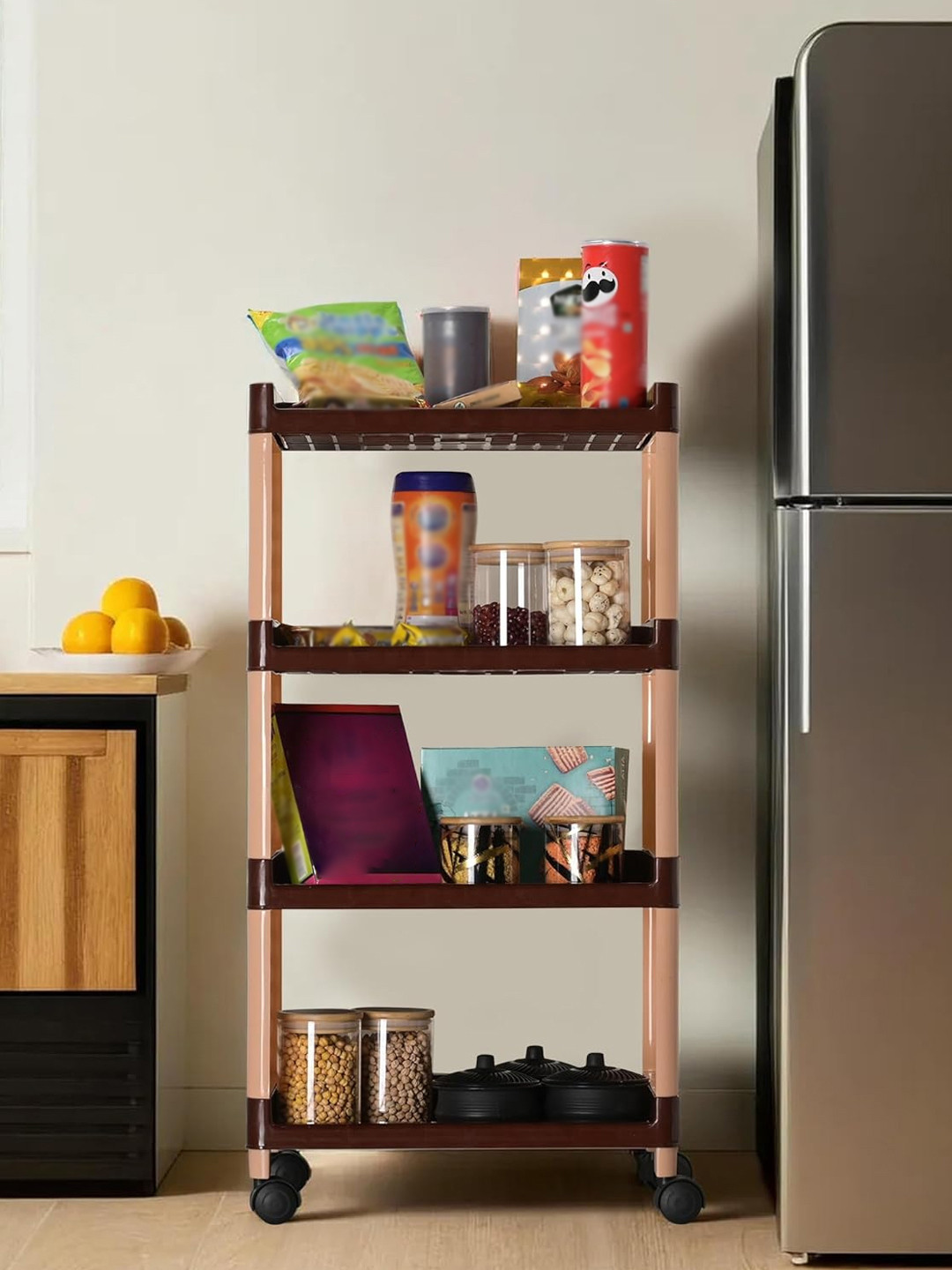 Kuber Industries Brown Multipurpose 4-Shelf Storage Revolving Kitchen Trolley With Wheels