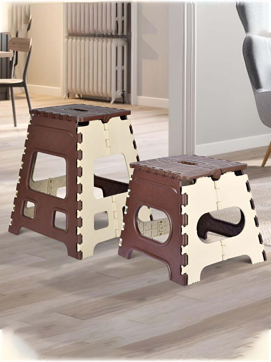 Kuber Industries Cream-Coloured & Brown 2 Pieces Foldable Step Stool
