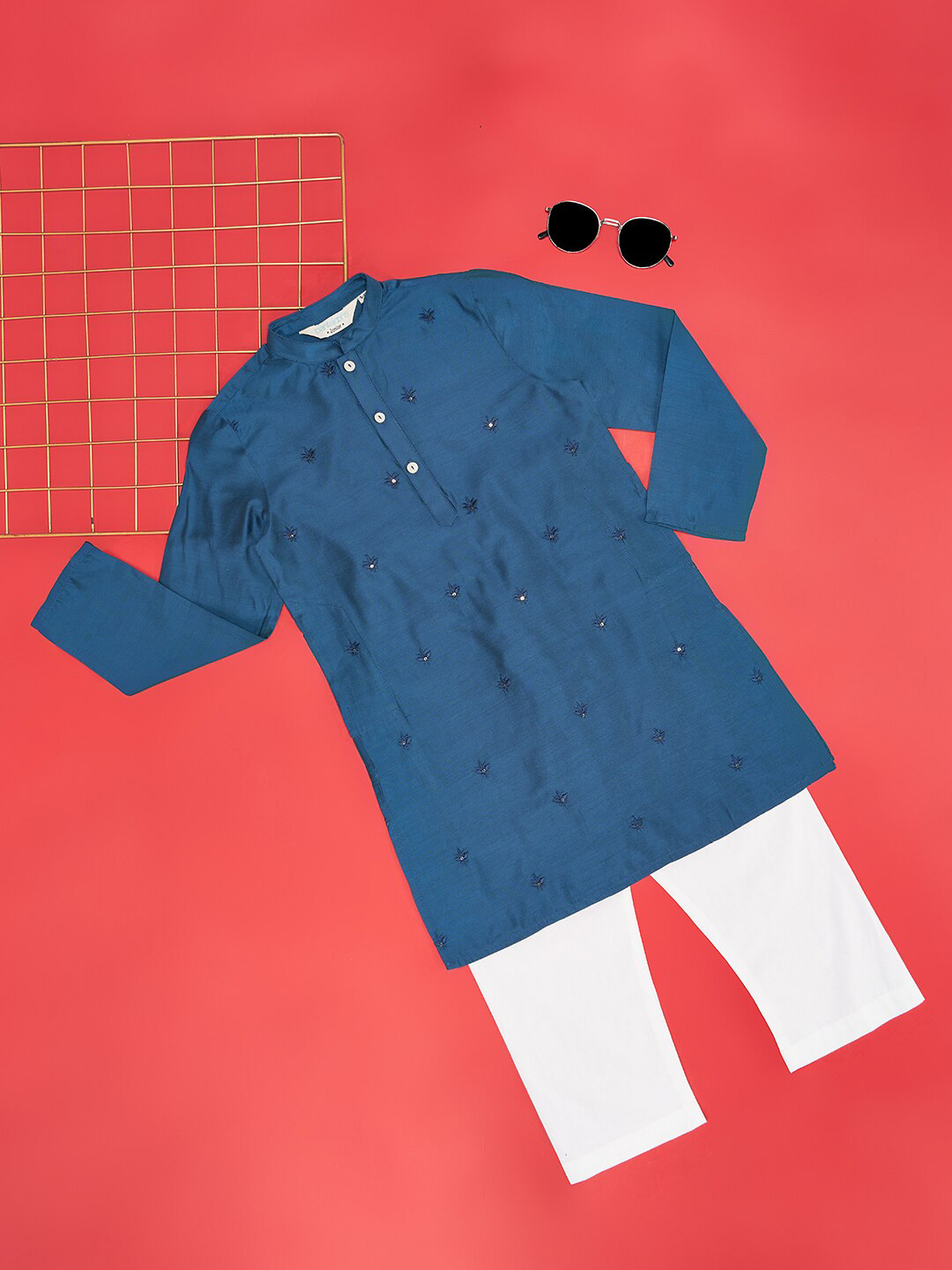 indus route by Pantaloons Boys Floral Embroidered Mirror Work Regular Kurta with Pyjamas