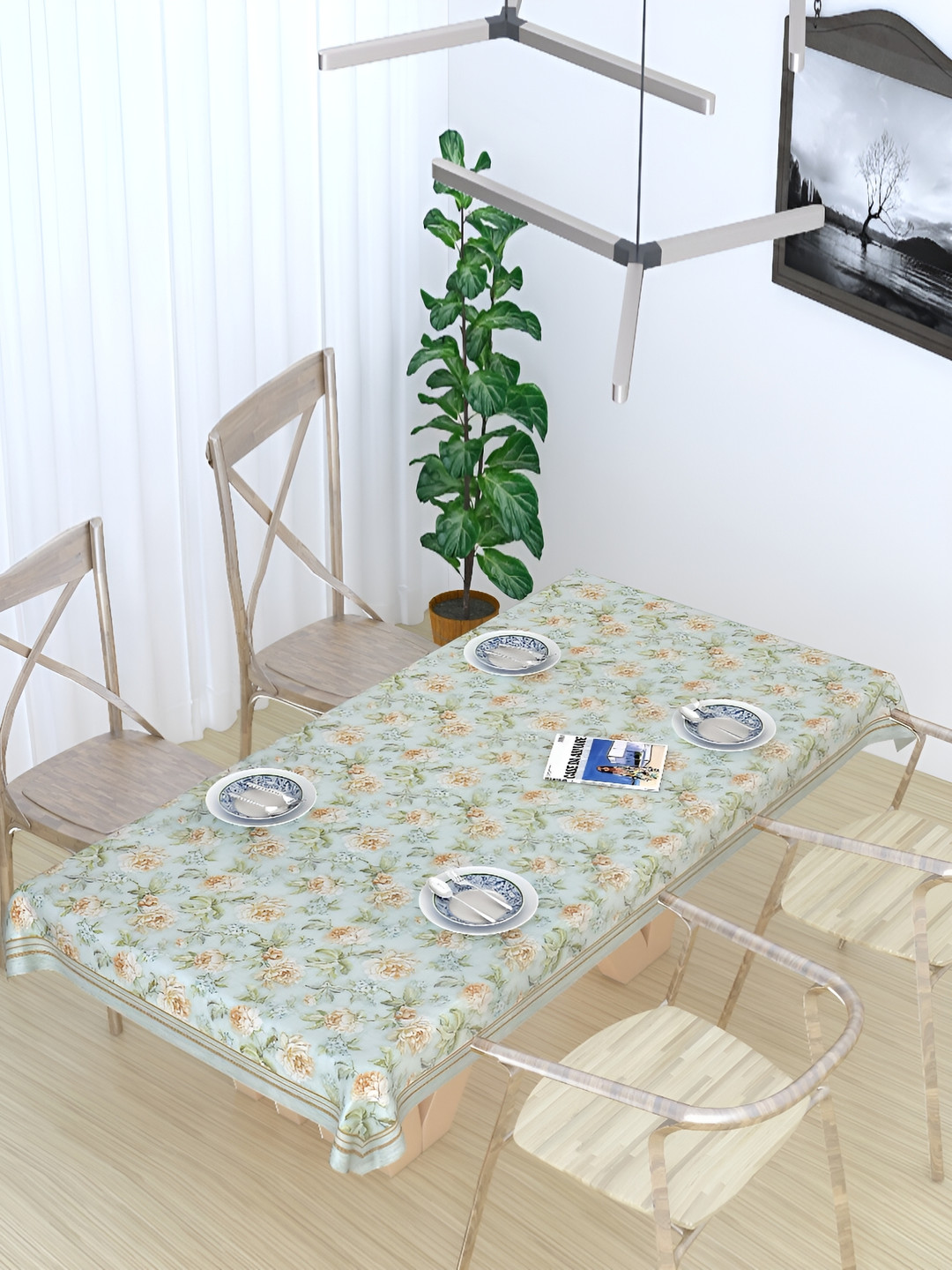 TANLOOMS Blue & Green Floral Printed Jute Cotton Rectangle Table Cover