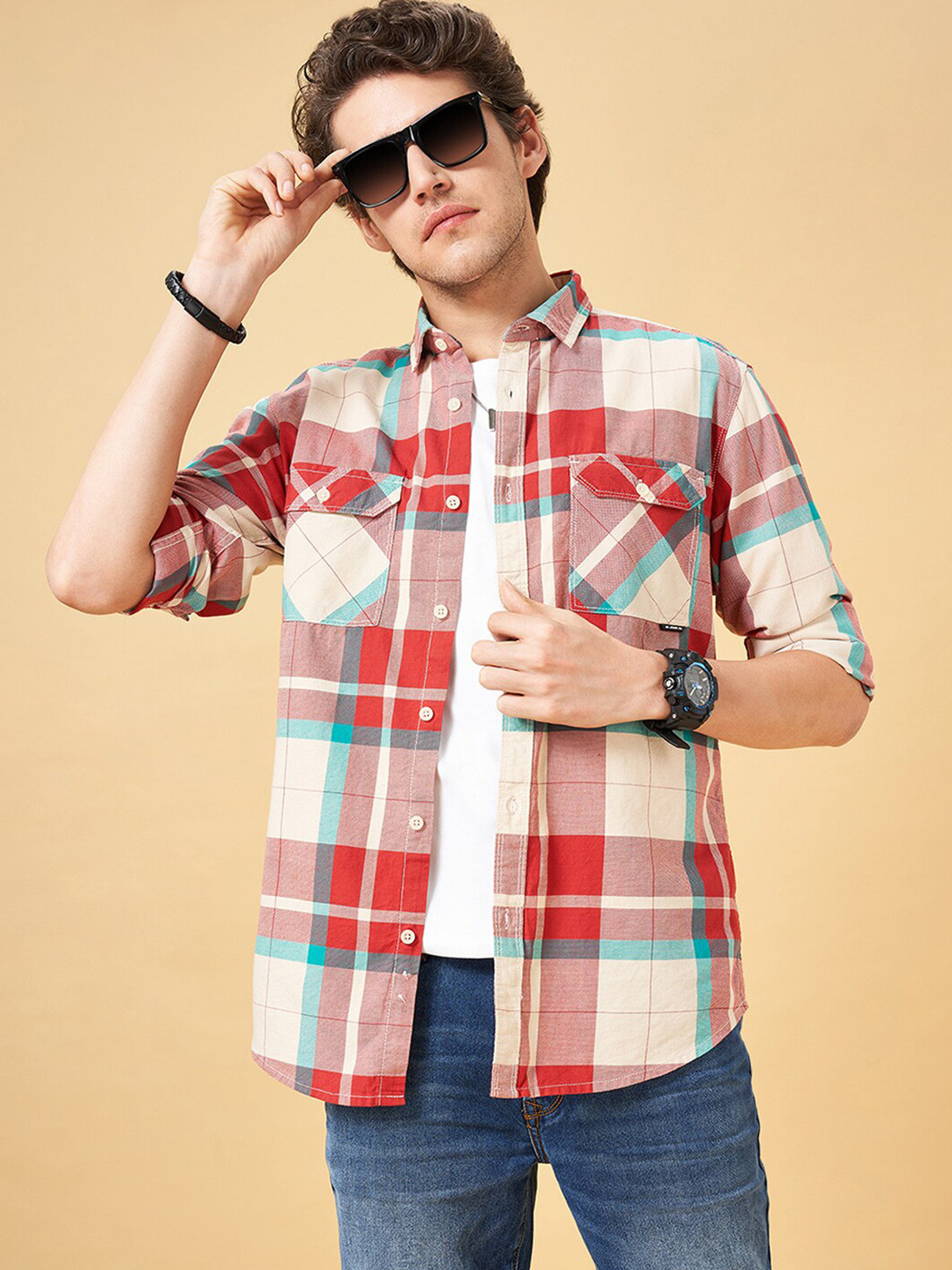 SF JEANS by Pantaloons Slim Fit Tartan Checks Opaque Cotton Casual Shirt