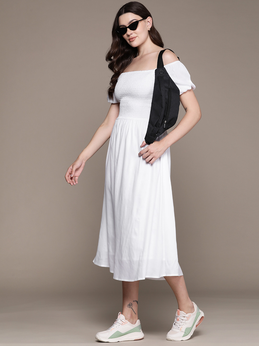Roadster Off-Shoulder Puff Sleeves Fit & Flare Midi Dress