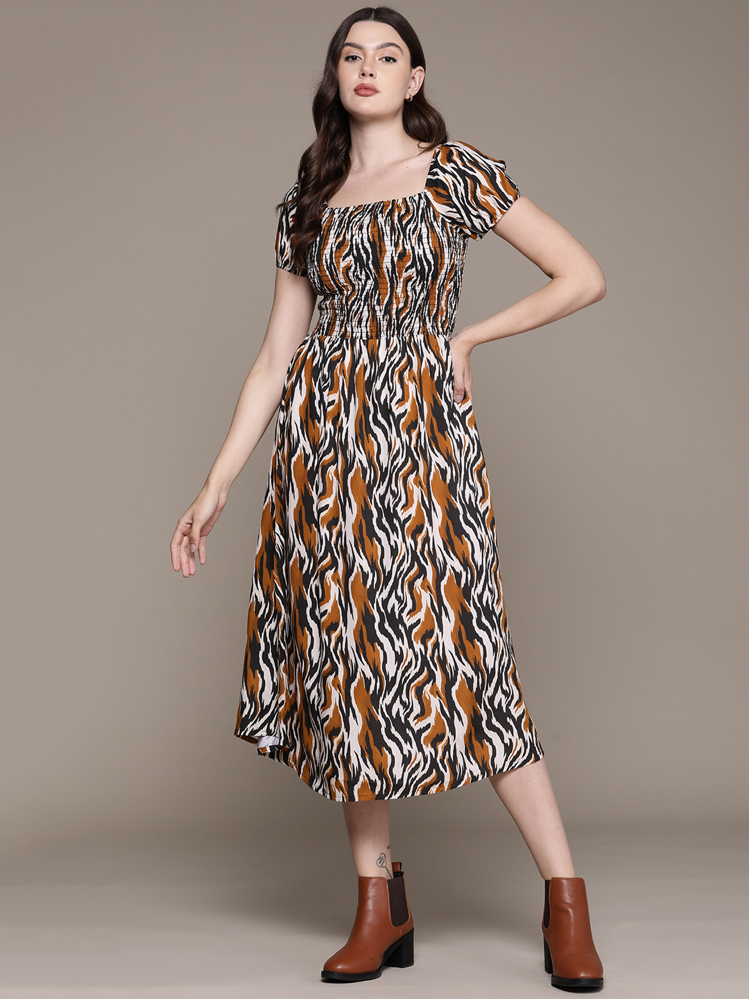 Roadster Abstract Print Puff Sleeve Fit & Flare Midi Dress