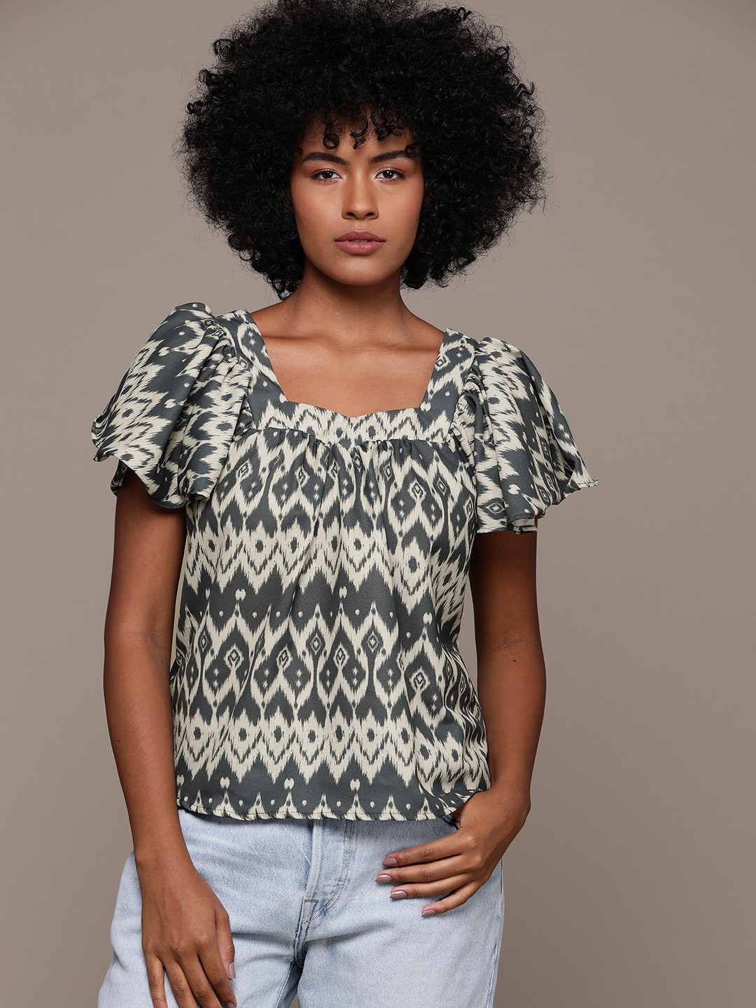 Roadster Print Flared Sleeves Georgette Top