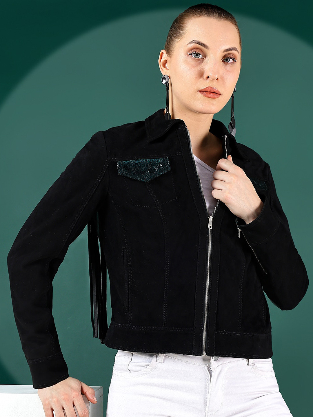 Saint G Leather Water Resistant Crop Denim Jacket with Fringes