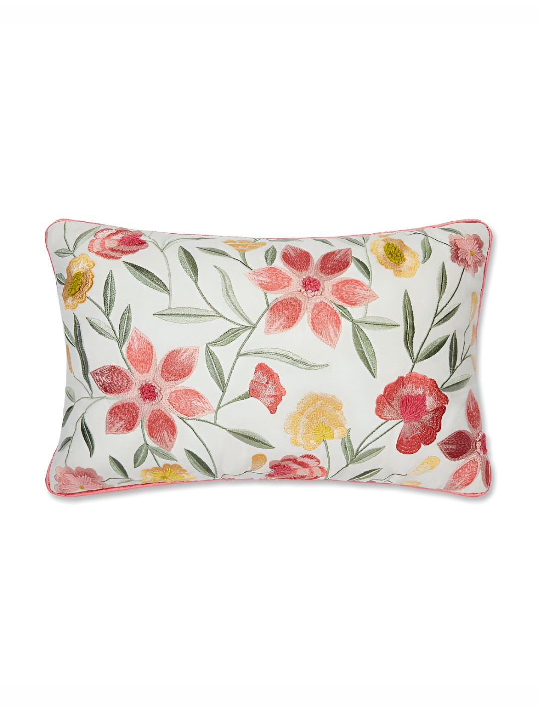 haus & kinder White Floral Cotton Breathable Embroidered Rectangle Cushion Cover -12x18In