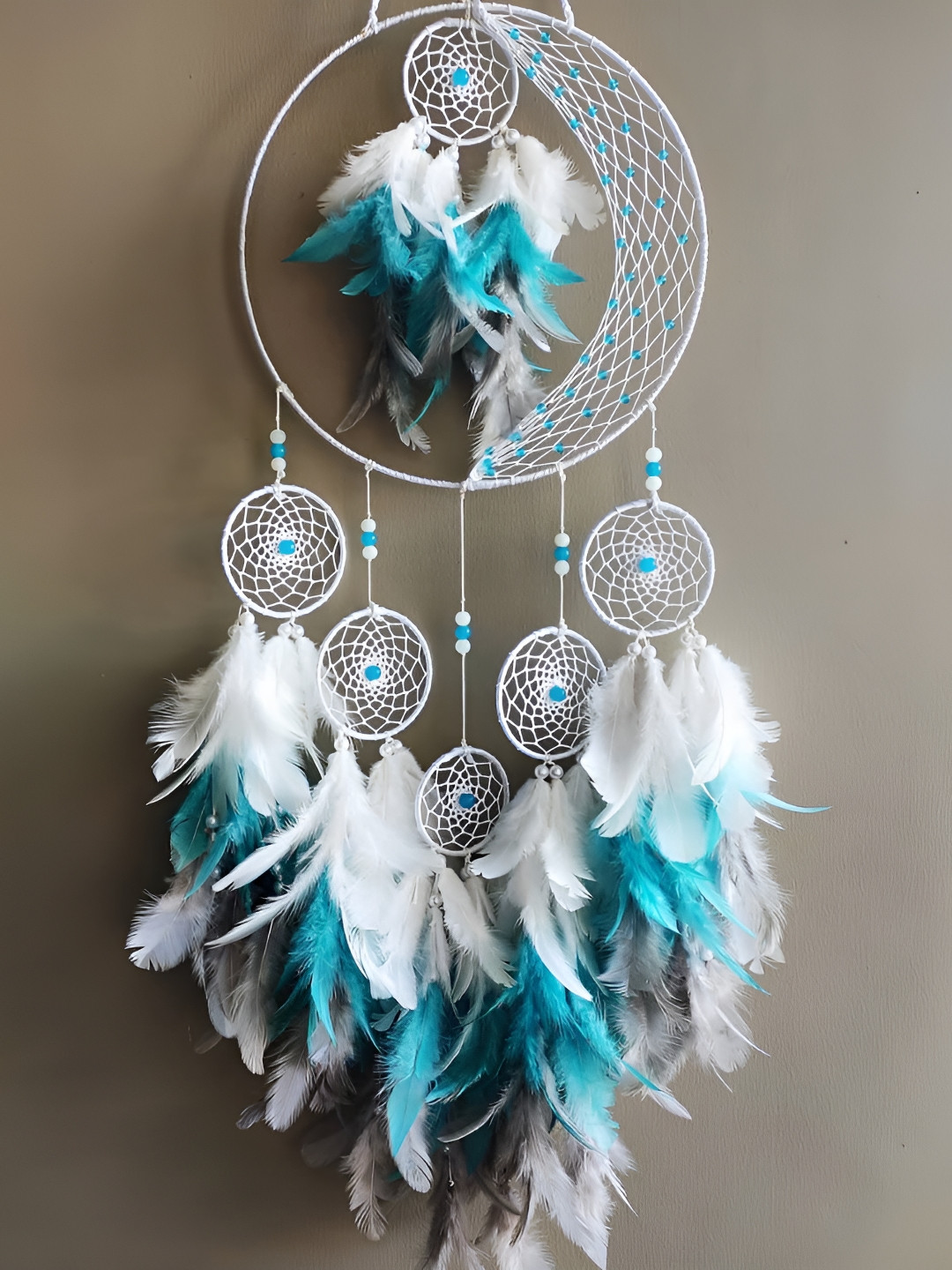 UVID ART AND CRAFT SUPPLIES Blue 7 Ring Beaded Feather Dream Catcher