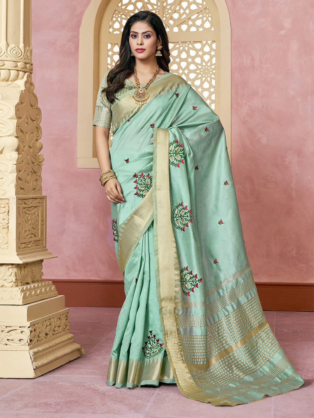 KALINI Floral Embroidered Assam Cotton Silk Saree