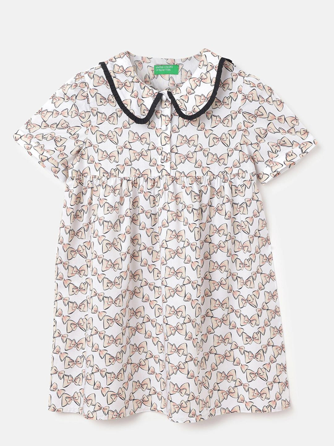 United Colors of Benetton Girls Printed Gathered Peter Pan Collar A-Line Dress