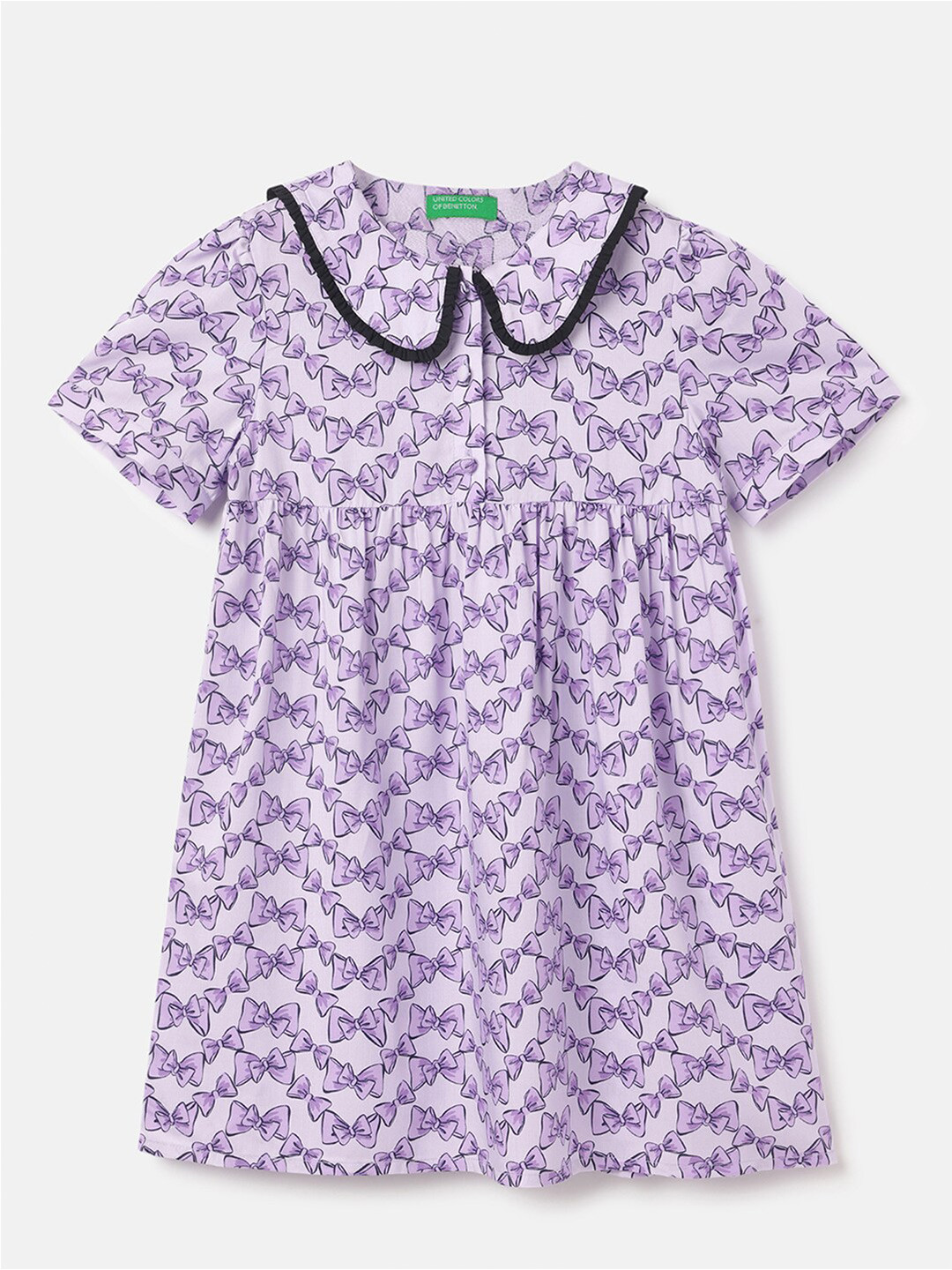 United Colors of Benetton Girls Printed Peter Pan Collar Gathered A-Line Dress