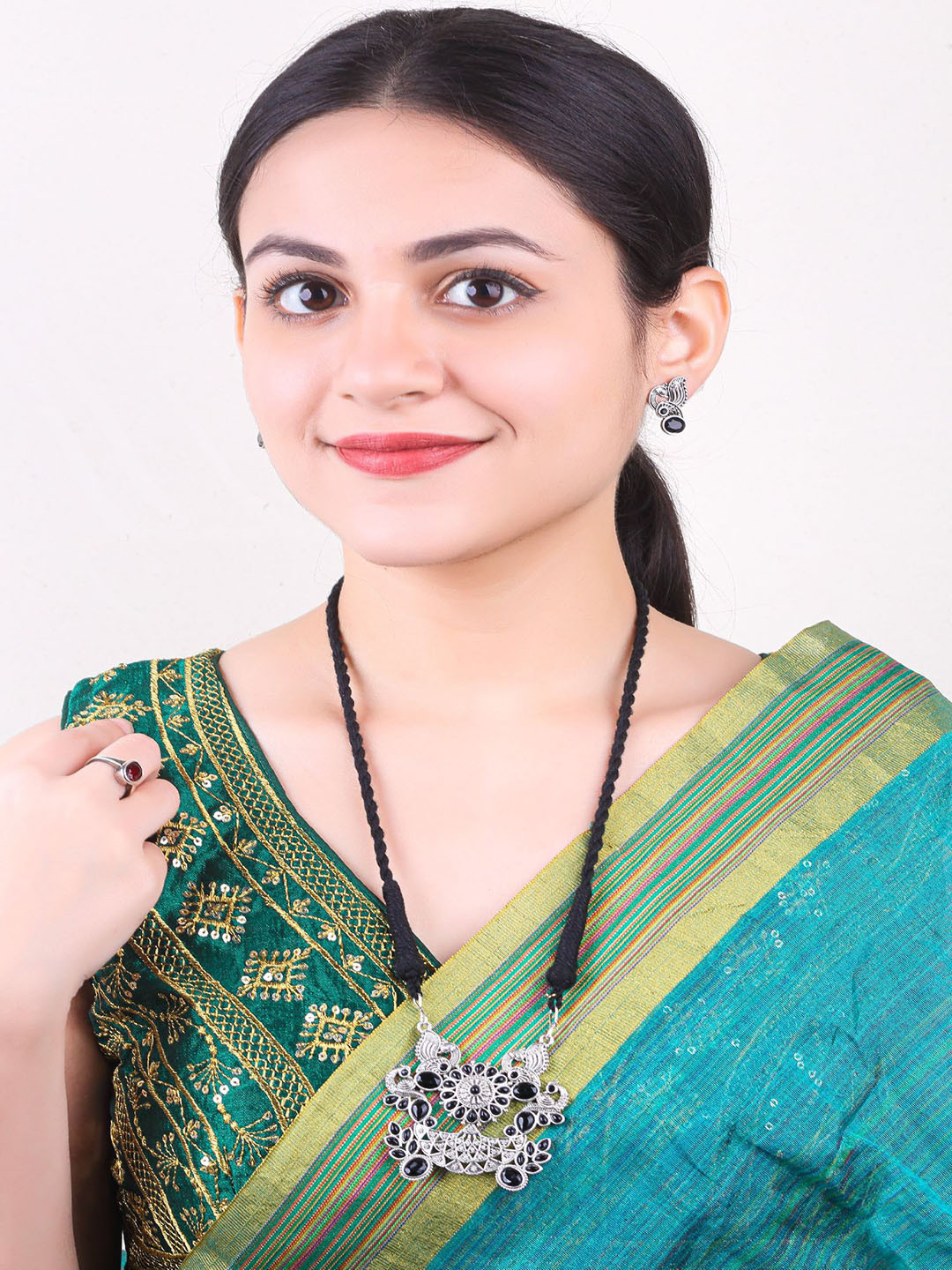 GRIIHAM Silver Plated American Diamond Oxidised Jewellery Set