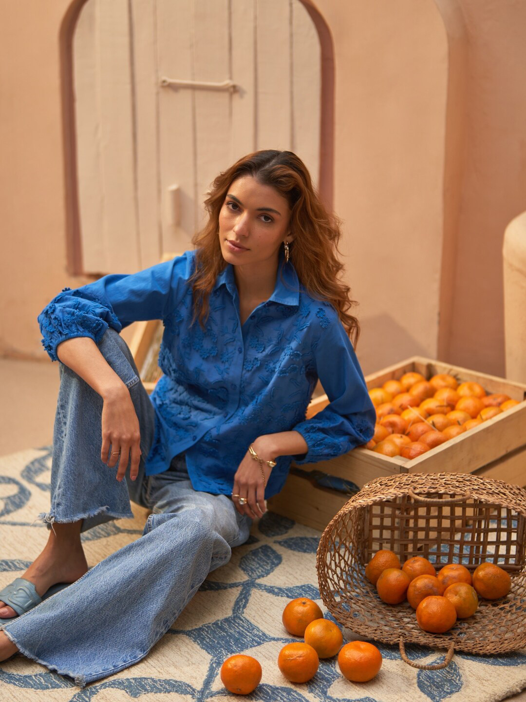 Style Island Floral Applique Cotton Shirt Style Top