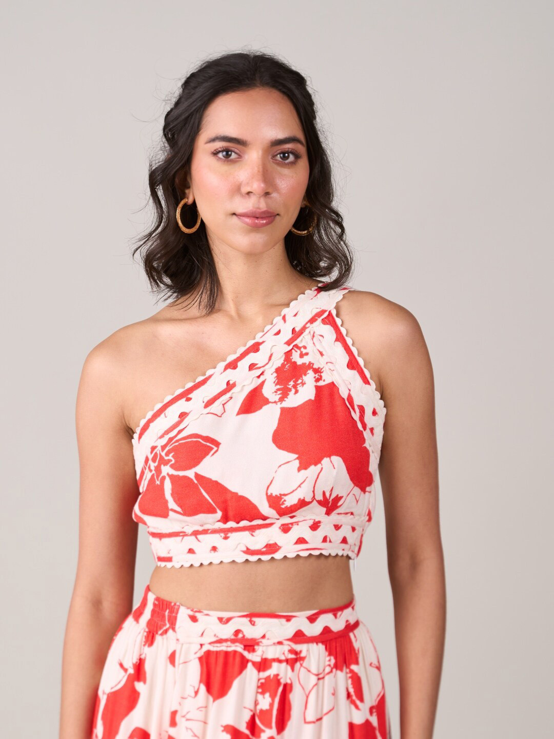 Style Island Floral Print One Shoulder Bohemian Linen Fitted Crop Top