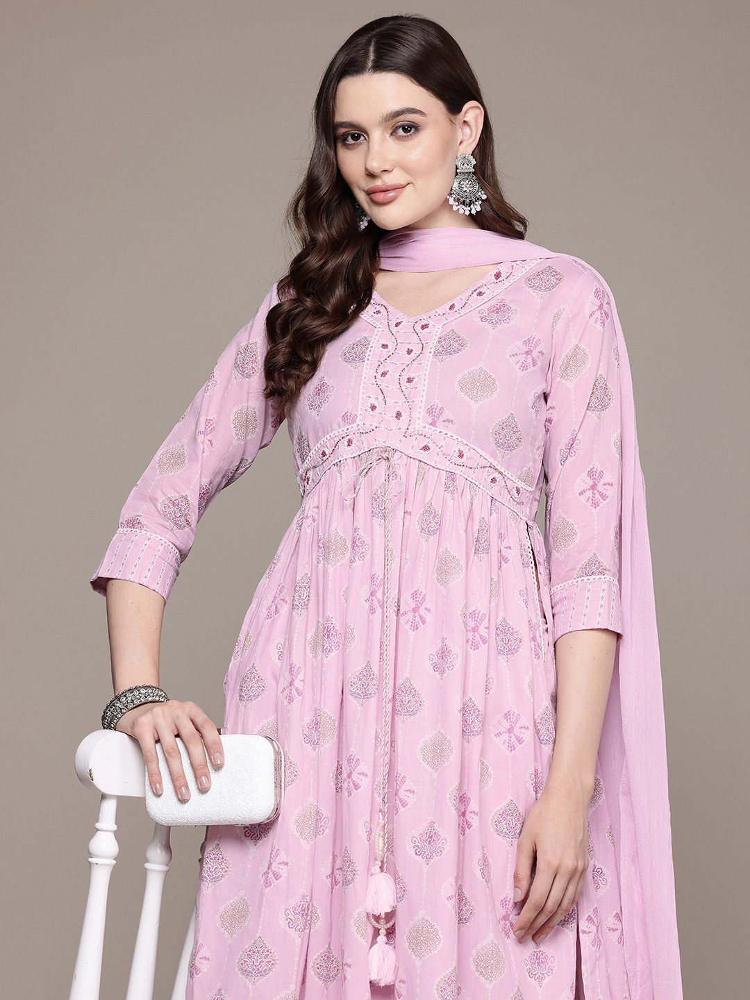 Readiprint Floral Printed High Slit Beads & Stones Pure Cotton Kurta Set