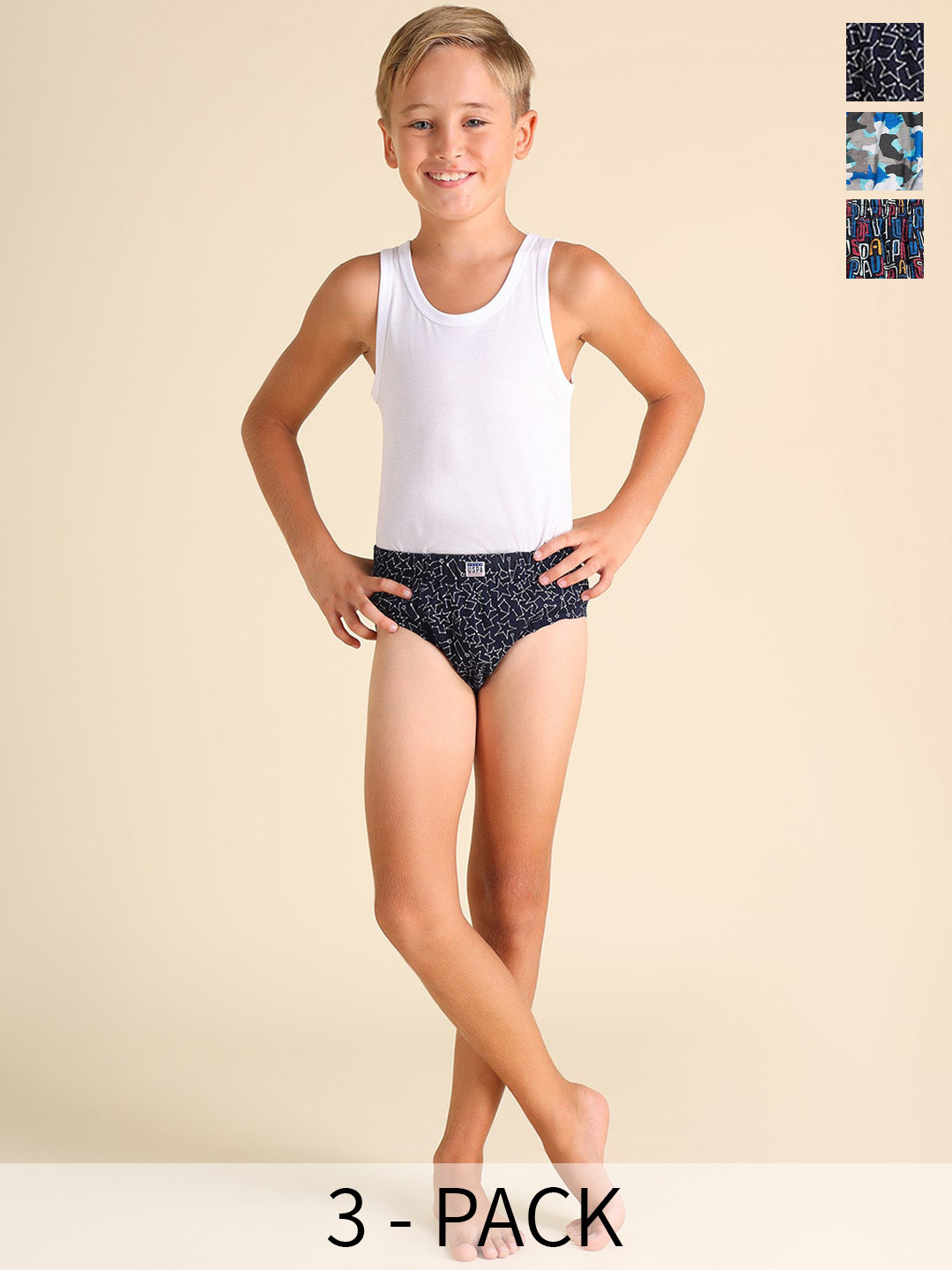 U.S. Polo Assn. Kids Boys Pack Of 3 Abstract Printed Anti Bacterial Basic Briefs EKB02-NNW