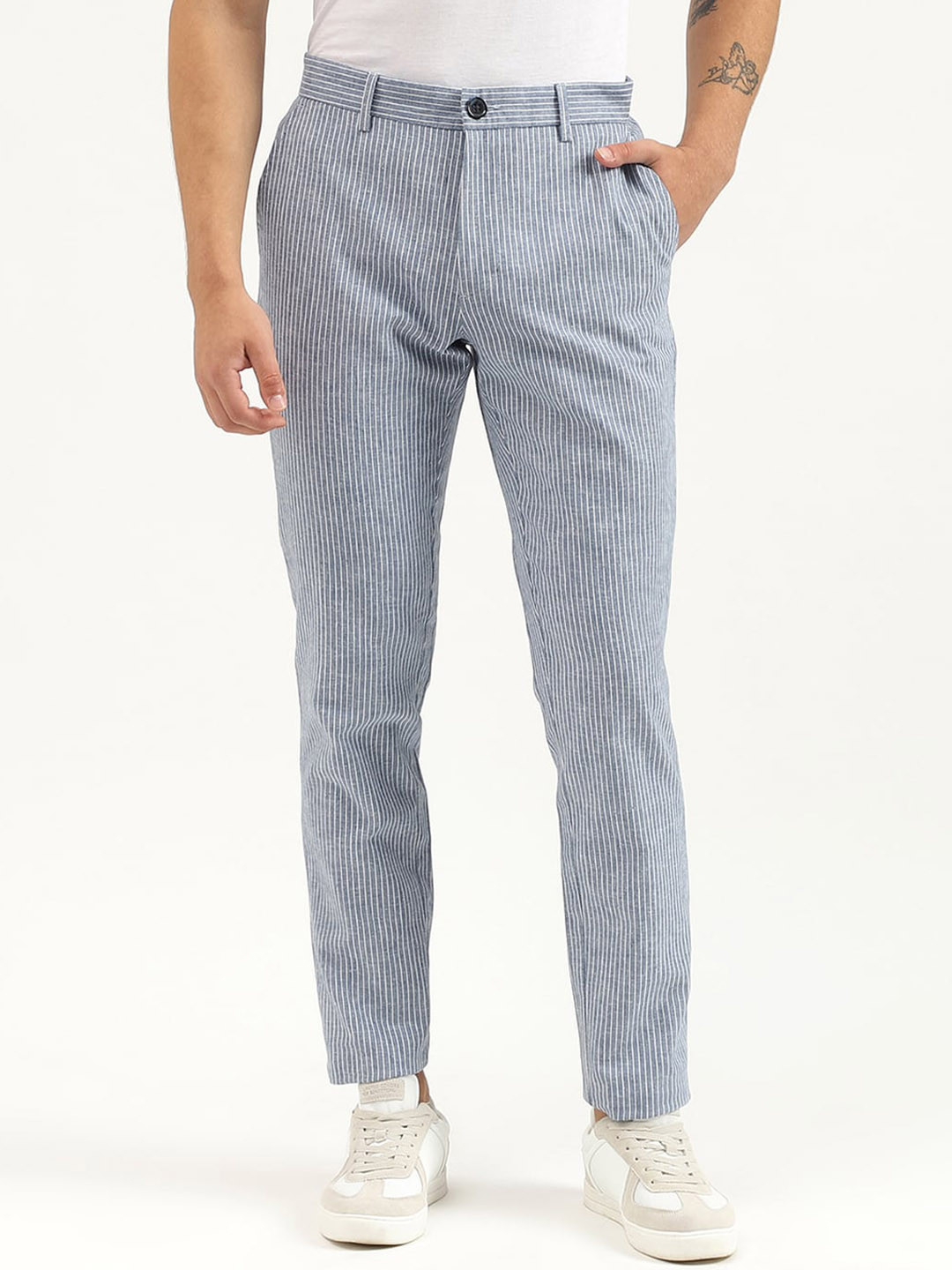 United Colors of Benetton Men Striped Relaxed Fit Cotton Linen Mid-Rise Trousers