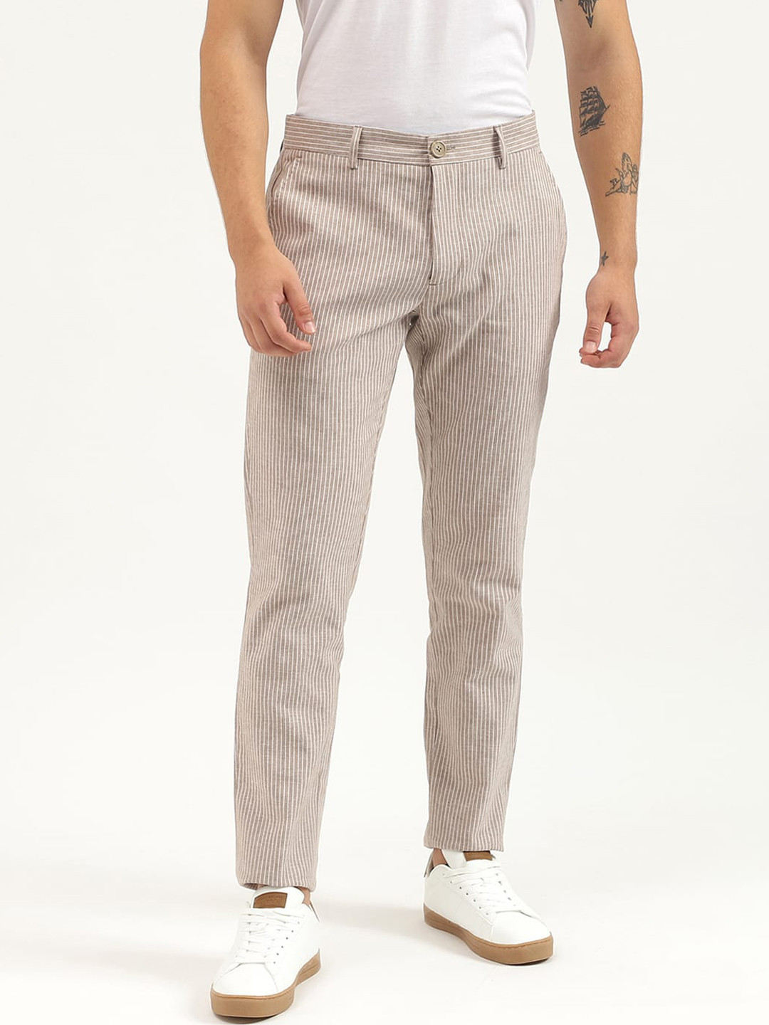 United Colors of Benetton Men Striped Relaxed Fit Mid-Rise Cotton Chinos Trousers