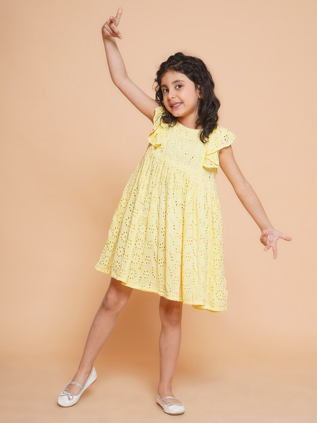 Little Bansi Girls Floral Printed Flutter Sleeve A-Line Schiffli Dress
