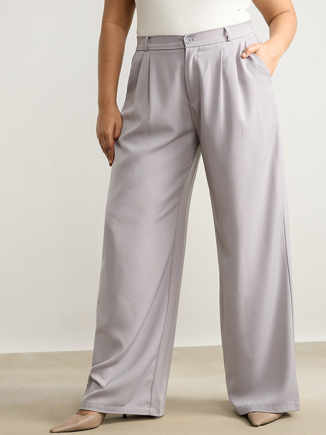 FREAKINS Light Grey Pleated Straight Fit Curve Korean Pant