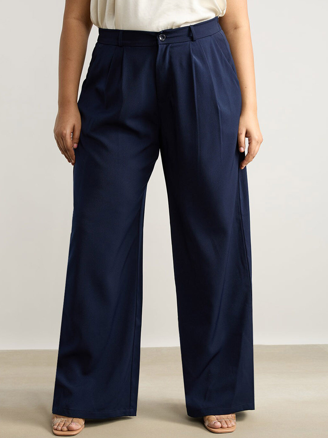 FREAKINS Women's Curve Pleated Navy Blue Korean Pant