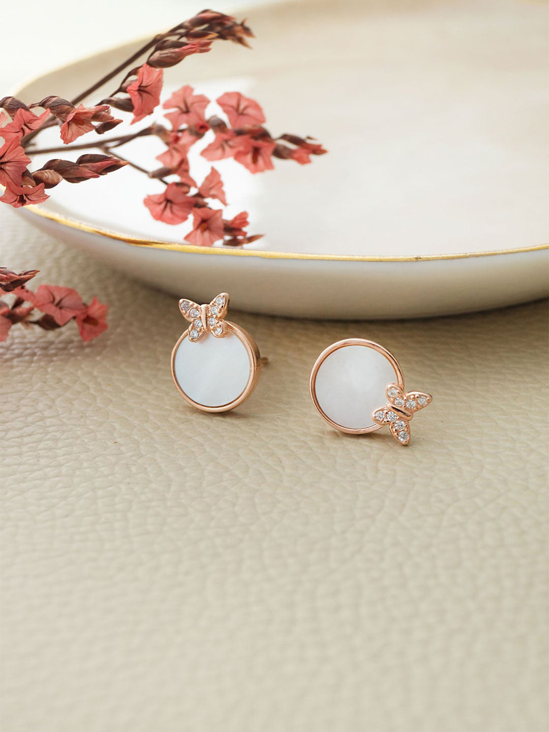 MANNASH Rose Gold-Plated Mother Of Pearl Studded Studs Earrings