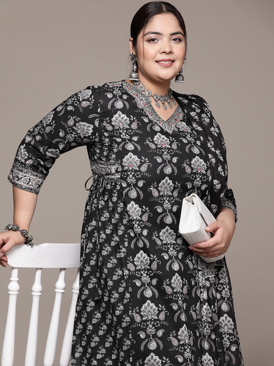 Readiprint Plus Size Floral Printed Pleated Sequinned Pure Cotton Kurta Set