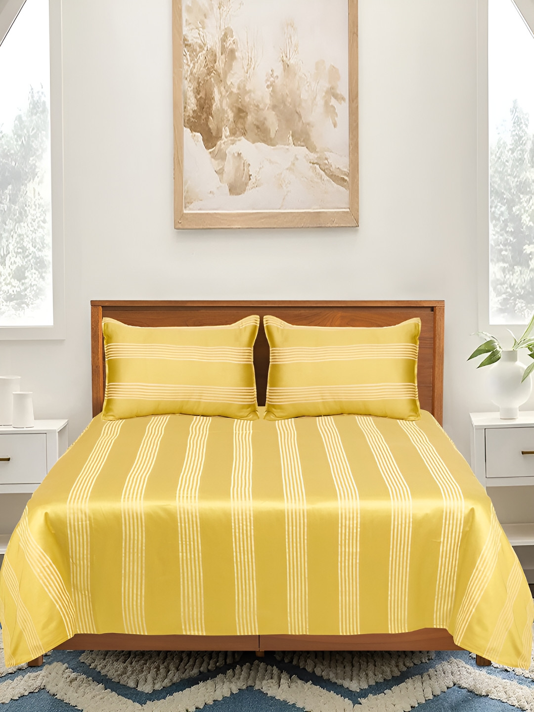 Saral Home Dhari Soft Yellow Striped Pure Cotton 210 TC King Fine Bedsheet with 2 Pillow Covers-39 x 43 inches
