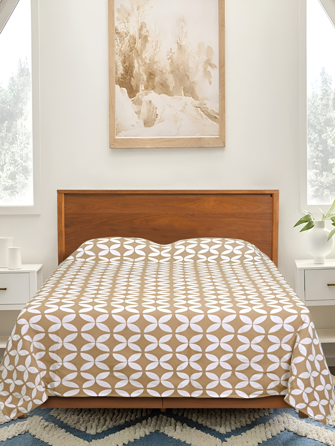 Saral Home Dhadki Beige Floral Cotton 210 TC Queen Fine Bedsheet with 2 Pillow Covers-90 x 39 inches