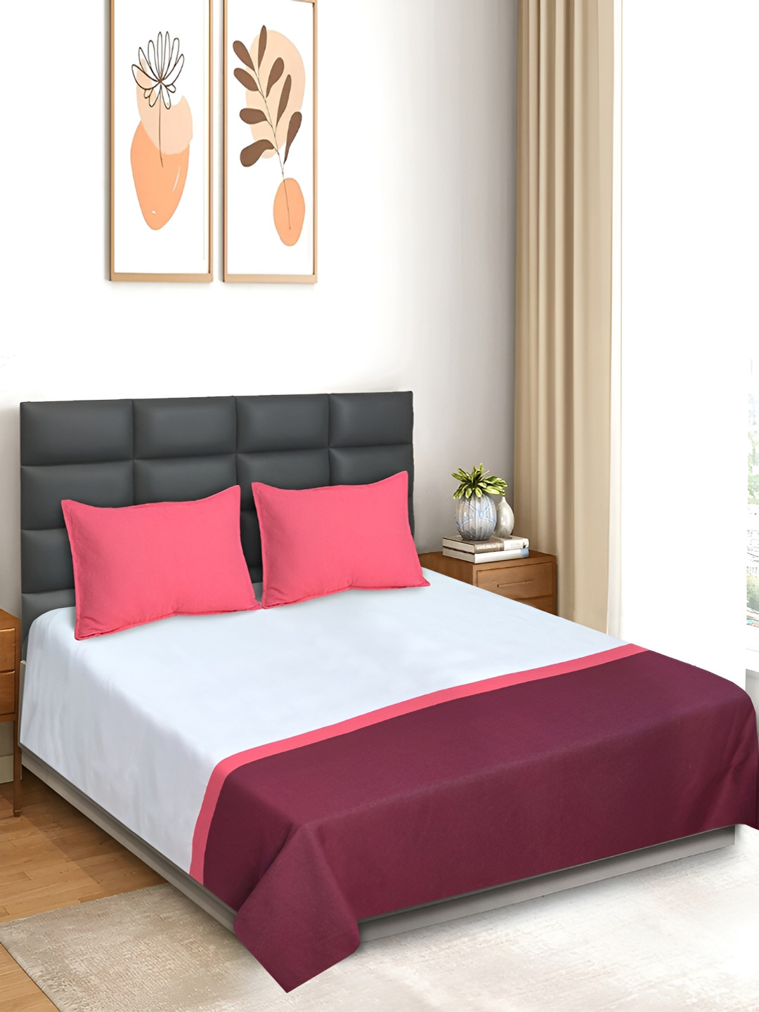 Saral Home Maroon Colorblock Cotton 210 TC King Fine Bedsheet with 2 Pillow Covers-108 x 100 inches