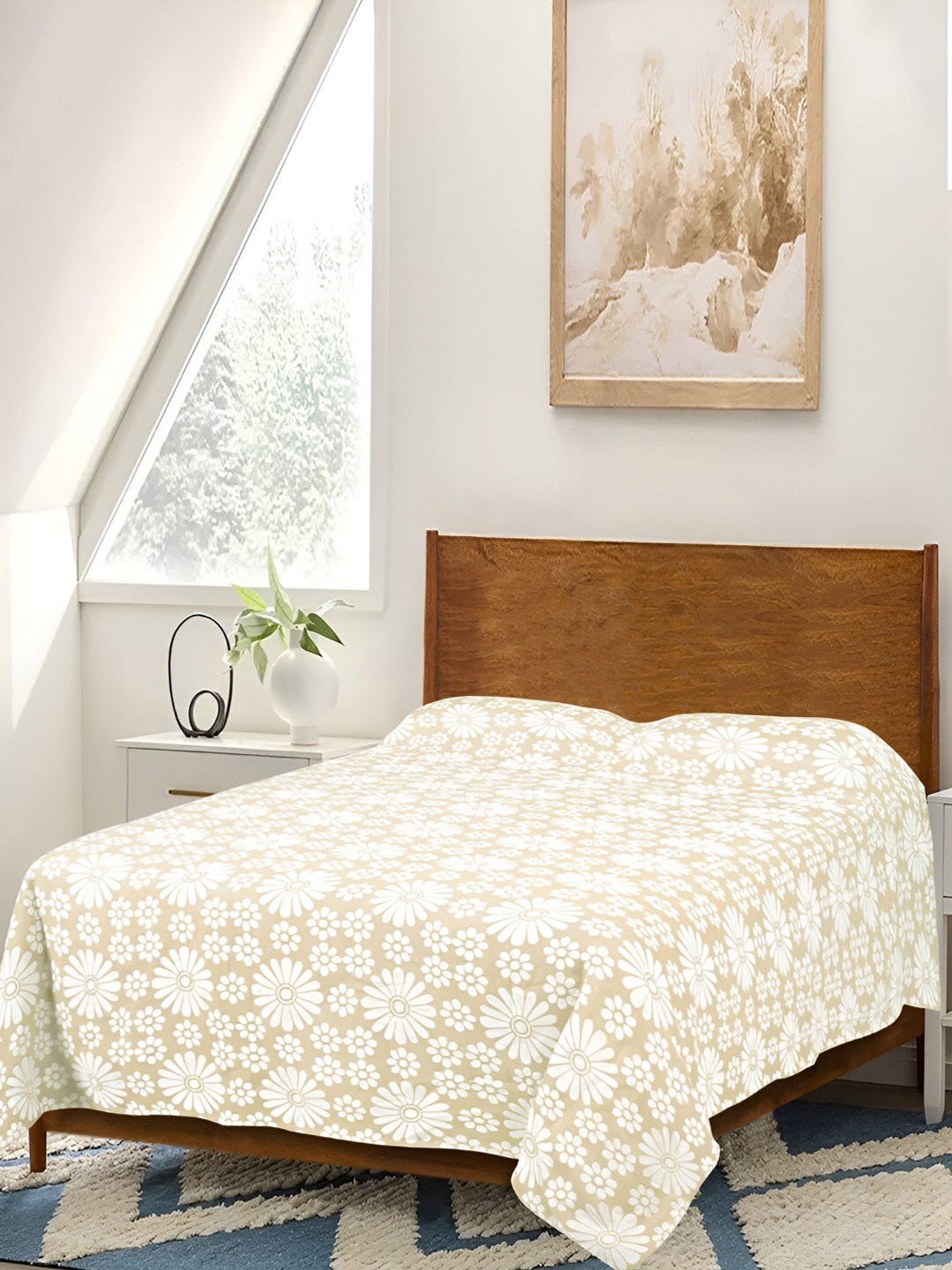 Saral Home Chitki Off White Floral Cotton 210 TC Queen Fine Bedsheet with 2 Pillow Covers-90 x 39 inches
